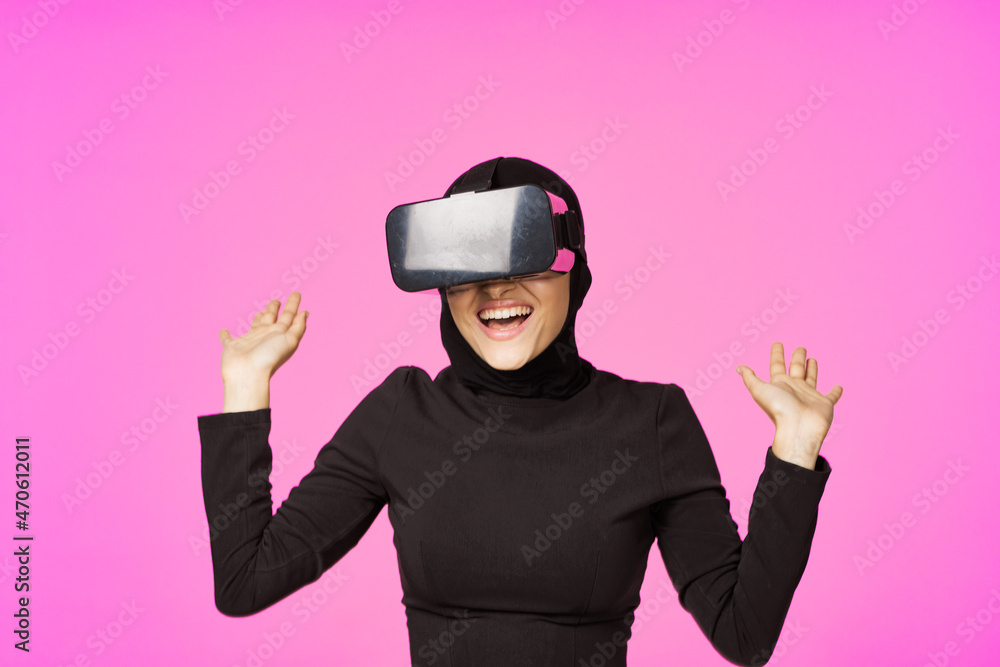 woman in black hijab glasses virtual reality technology movie watching woman in black hijab glasses virtual reality technology movie watching