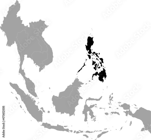 Black Map of Philippines inside the gray map of Southeast region of Asia