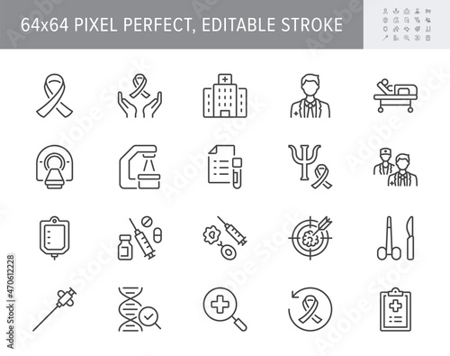 Cancer treatment line icons. Vector illustration include icon - chemotherapy, radiology, doctor, hormone, mri diagnostic outline pictogram for oncology clinic. 64x64 Pixel Perfect, Editable Stroke
