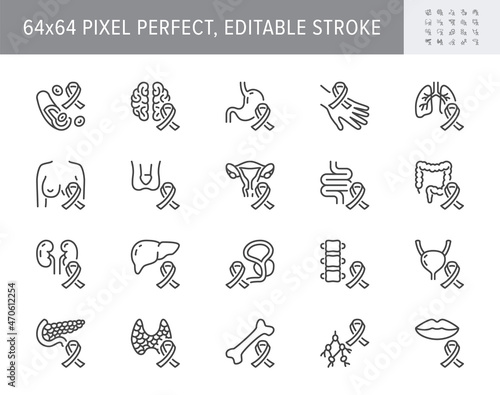 Cancer types line icons. Vector illustration include icon - breast, stomach, respiratory, pancreas, kidney, testicles, uterine outline pictogram for oncology. 64x64 Pixel Perfect, Editable Stroke