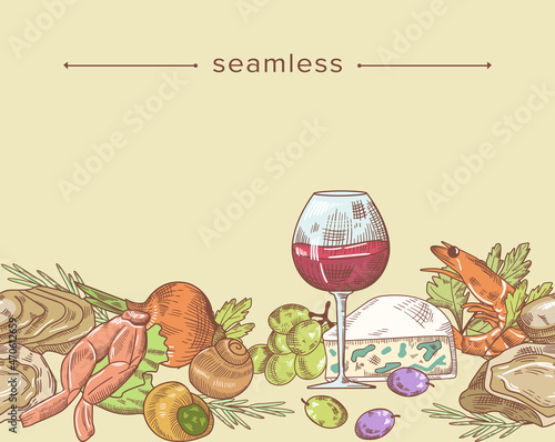 French Cuisine Seamless Colorful Pattern. Delicacy Meals Wine, Snails and Olives with Shrimps, Fresh Herbs and Cheese