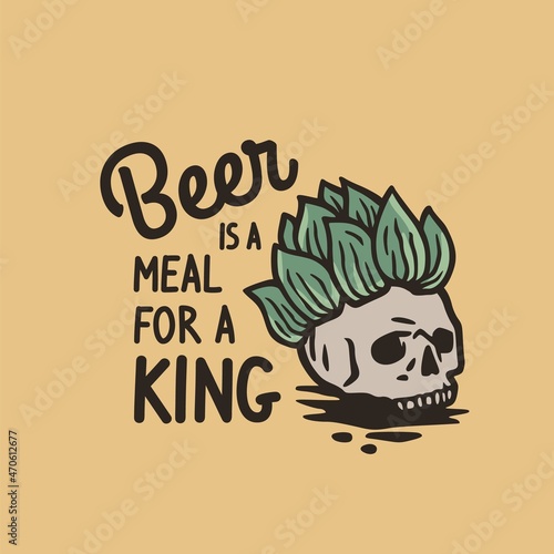 Beer skull with hop hat for print. Original brew design with hop and skeleton for craft beer bar, pab or brewery