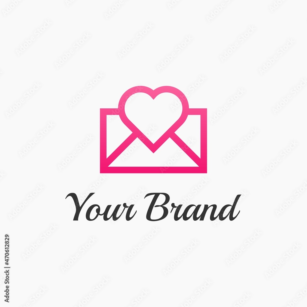 Modern and Minimal logo design for Love Mail, Love Letter, Wedding Invitation, Valentine's Gift. Combination of Envelope or Message with Heart symbol icon logo design