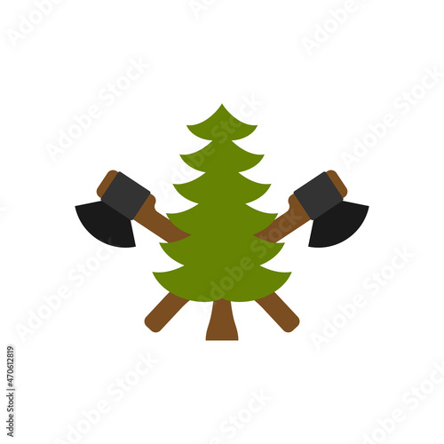 Lumberjack logo Wood and ax. feller sign Christmas tree and axes