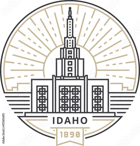 Linear Idaho Falls Idaho Temple against the background of the sun in the form of an emblem (ID: 470613695)