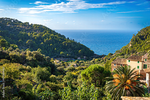 colorful beautiful view of the sea with few clouds and afternoon light. view from mallorca island, spain