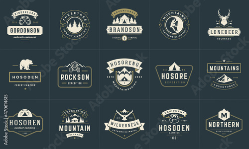 Camping logos and badges templates vector design elements and silhouettes set