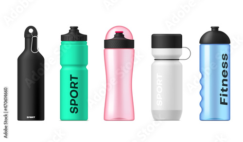 Multicolored sports bottle set realistic vector matt plastic and metallic containers for water