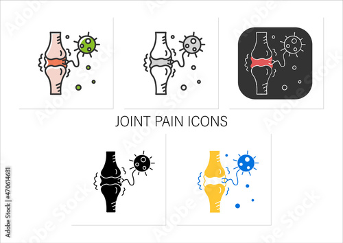 Joint pain icons set.Covid molecule attacking joints.Concept of corona virus disease system health effects, arthritis.Collection of icons in linear, filled, color styles.Isolated vector illustrations