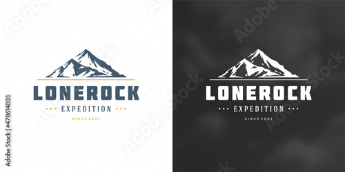 Mountain camping logo emblem outdoor landscape vector illustration rock hills silhouette for shirt or print stamp