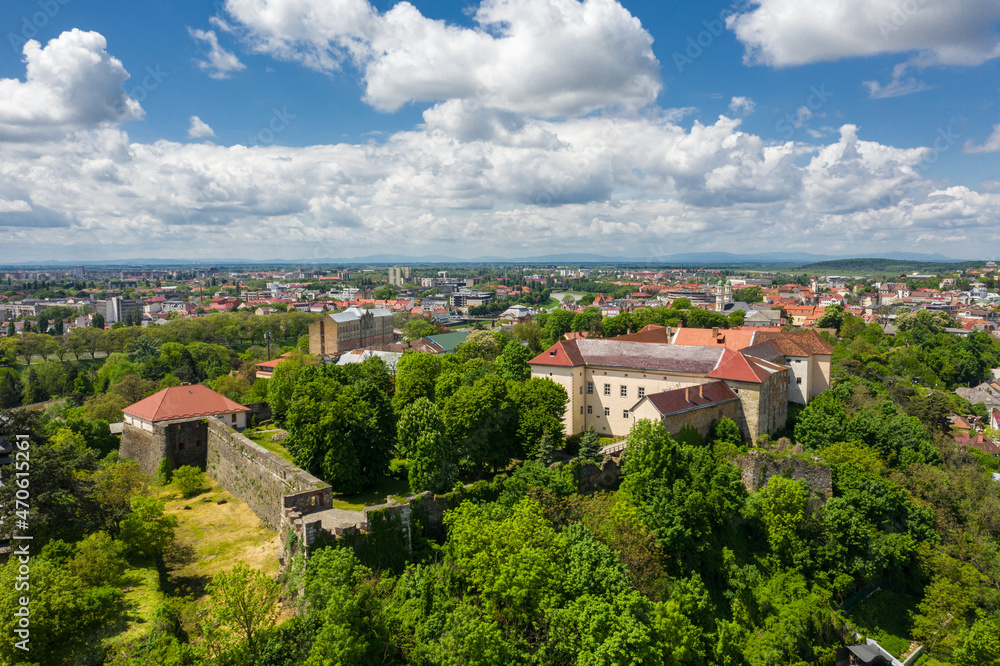 The Uzhgorod castle in the summer aerial panorama city view
