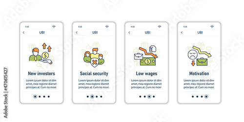 Universal basic income onboarding mobile app screens. Tax declaration, economic growth. Inequality and inflation. Global economy steps menu. Set of UI, UX, web template with RGB color linear icons