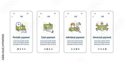 Universal basic income onboarding mobile app screens. Tax declaration, economic growth. Inequality and inflation. Global economy steps menu. Set of UI, UX, web template with RGB color linear icons