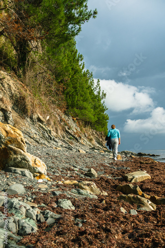 Wallpaper Mural Sea coast with rocks, dry seaweed, rocks and spruces. A girl in pants and sweatshirt walks along the beach. Back view. The sky with clouds in the background. Torontodigital.ca