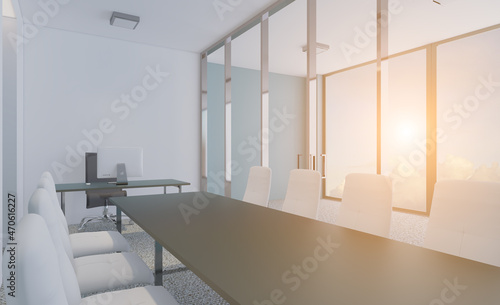 Furniture set with table  chairs and devices. 3D rendering.. Sunset.