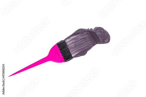 Hair dye brush with hair color foam sample on white background top view