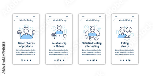 Mindful eating onboarding mobile app screens. Conscious, intuitive nutrition steps menu. Set of UI, UX, web template with RGB color linear icons