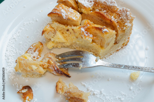 A piece of apple pie on a white plate.