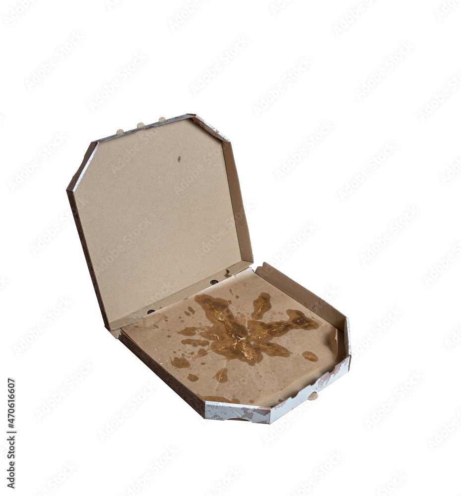unhealthy food concept. dirty pizza box isolated on white. empty
