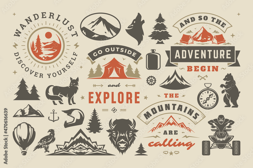 Fototapeta premium Camping and outdoor adventure design elements set, quotes and icons vector illustration