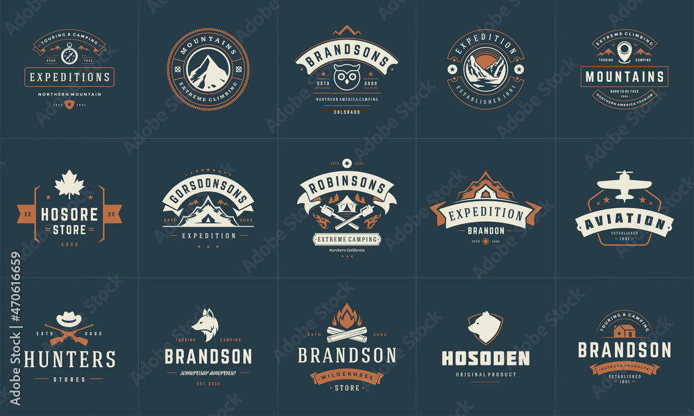 Obraz premium Camping logos and badges templates vector design elements and silhouettes set