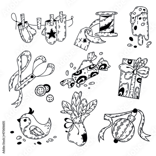 Set of vector elements: mittens, ribbons, scissors, buttons, toys, ice cream, gift box, bird, candy, for design and decoration of textiles, covers, packaging, wrapping paper.