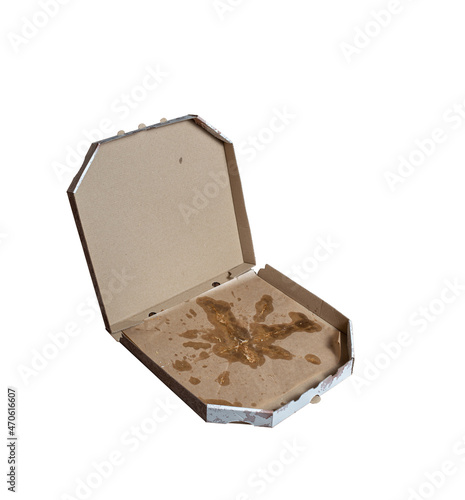unhealthy food concept. dirty pizza box isolated on white. empty cardboard pizza box. fatty food.