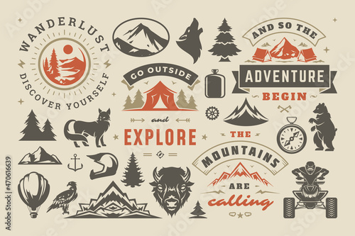 Camping and outdoor adventure design elements set, quotes and icons vector illustration