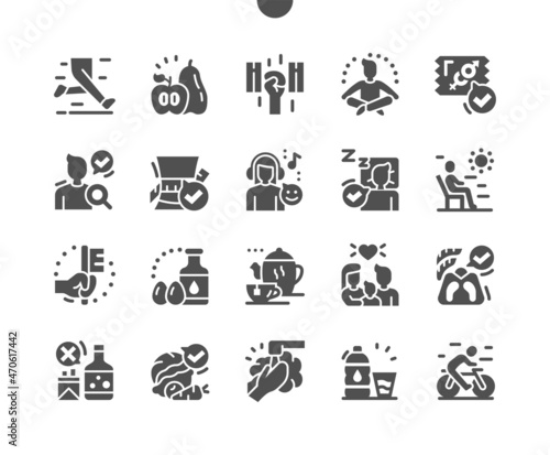 Healthy life. Running, sport and meditations. Healthy sleep. No bad habits. Weight control, fruits and vegetables. Vector Solid Icons. Simple Pictogram