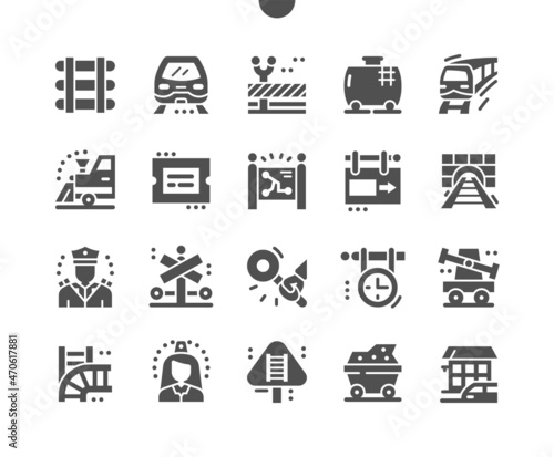 Railway. Signs at railway station. Train and locomotive. Direction, way, vehicle, railroad, transport, subway and road. Vector Solid Icons. Simple Pictogram