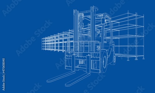 Warehouse shelves and forklift. 3d illustration