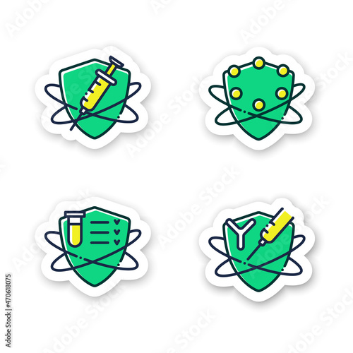 Immune system stickers. Health care. Immune system test, immunoglobulin therapy, complement system. Body defence system. Health, immunity, disease prevention vector emblems