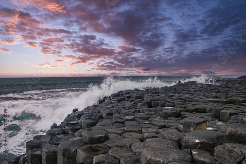 North Ireland Sea Coast Sunset, Atrim landscapes, Giants of Causeway , North Ireland, Land of Myths and Legends Ireland, Stone pillars,