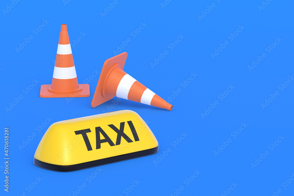 Yellow cab sign near road cone. Stop of passenger transport. Breakdown, maintenance of a taxi car. Copy space. 3d render