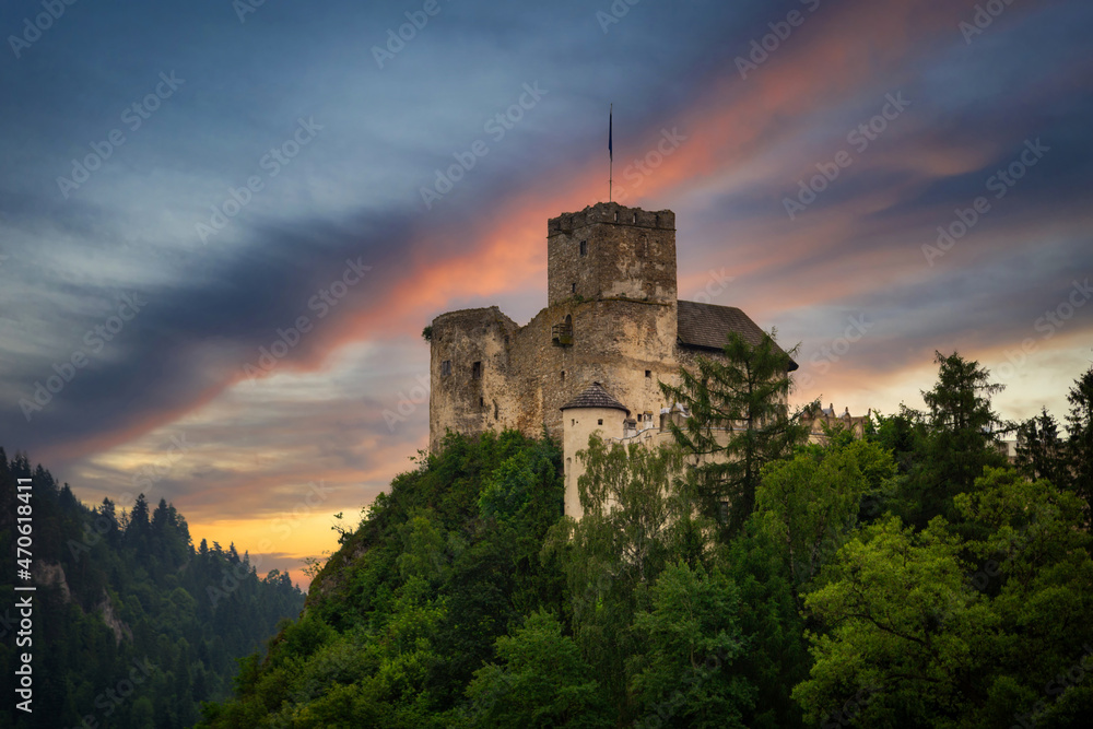 Medieval Dunajec Castle in Niedzica at sunset. Poland