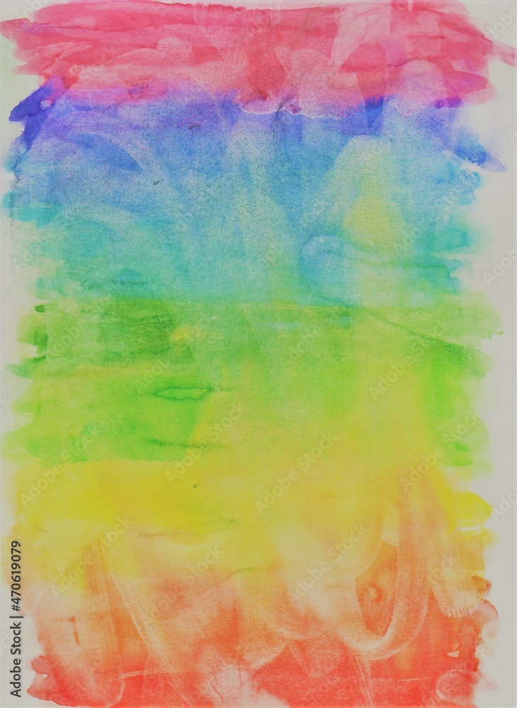 Rainbow watercolor background. Transparent lines and spots on a white paper background. Paint leaks and ombre effects. Abstract hand-painted image.