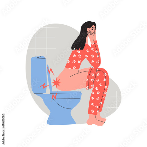Young woman in slepwear sitting on the toilet and suffering from hemorrhoids. Flat vector isolated illustration