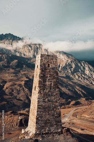 Tower close up view . Caucasian mountains, Northern Ossetia Alania ,Russia 