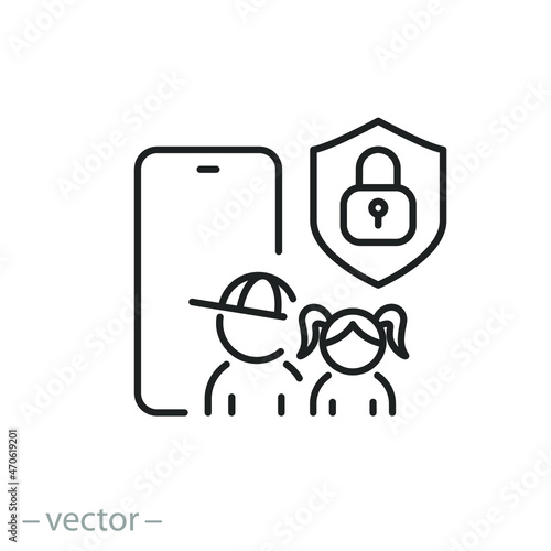 children control in social, kid safety icon, cyber disorder protection, internet addiction problem, phone access for child, thin line symbol - editable stroke vector illustration