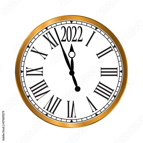 2022 New Year gold classic clock on white background.