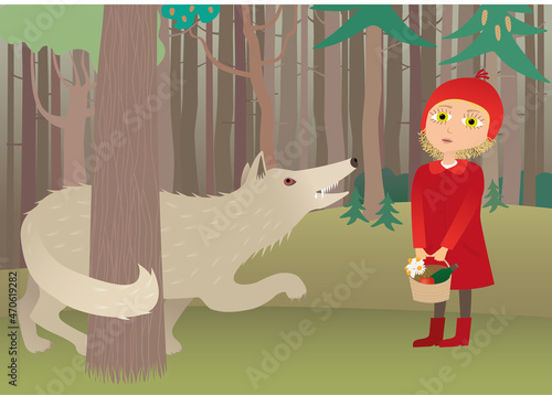 Fairytale. Red riding hood with wolf.