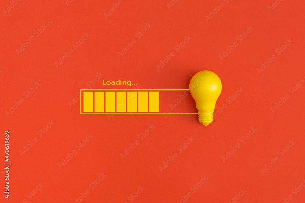 Light bulb and loading on red background. Inspiration and creative idea concept.