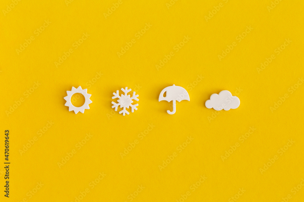 Weather icons set on yellow background. Weather forecast concept. - obrazy, fototapety, plakaty 