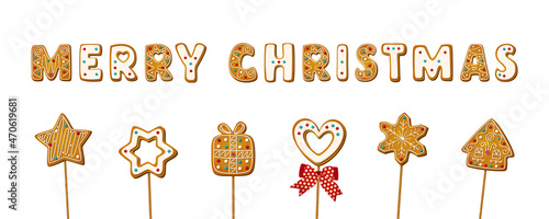 Gingerbread Cookies in shape of letters in phrase merry christmas on wooden stick in cartoon style. Cake pop with sweet biscuit for festive decoration isolated on white. Vector illustration