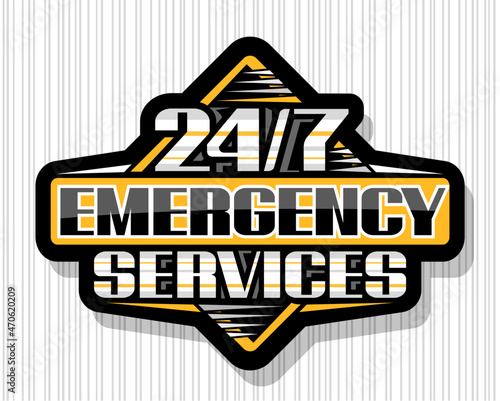 Vector sign 24/7 Emergency Services, black isolated tag with illustration of colorful stripes, unique decorative lettering for words 24/7 emergency services and shadow on gray striped background.