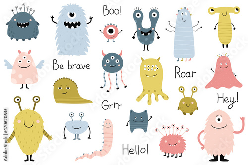 A set of cute cartoon monsters. Funny characters for the design of children's clothing, T-shirt print, postcard design, posters, children's room. Vector illustration in a flat style