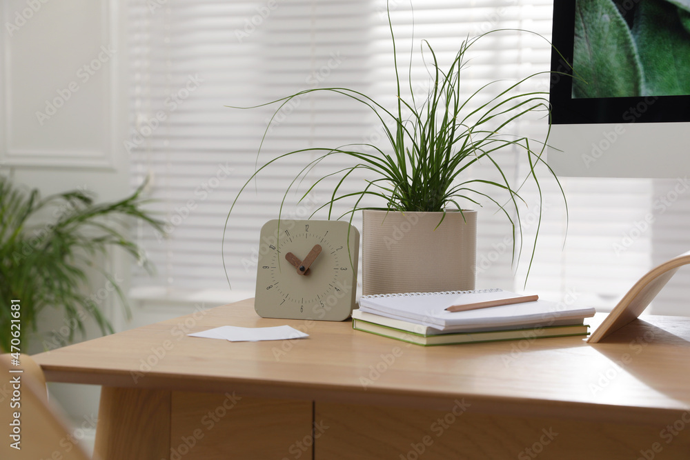 Fototapeta premium Notebooks, clock and houseplant on table in room