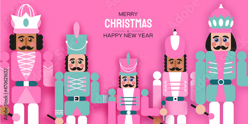 Pink Sugar Christmas Nutcracker in paper cut style. Cute soldier toy. December Ballet party. Creative Merry Xmas invitation. Happy New Year. Winter holidays. Space for text.