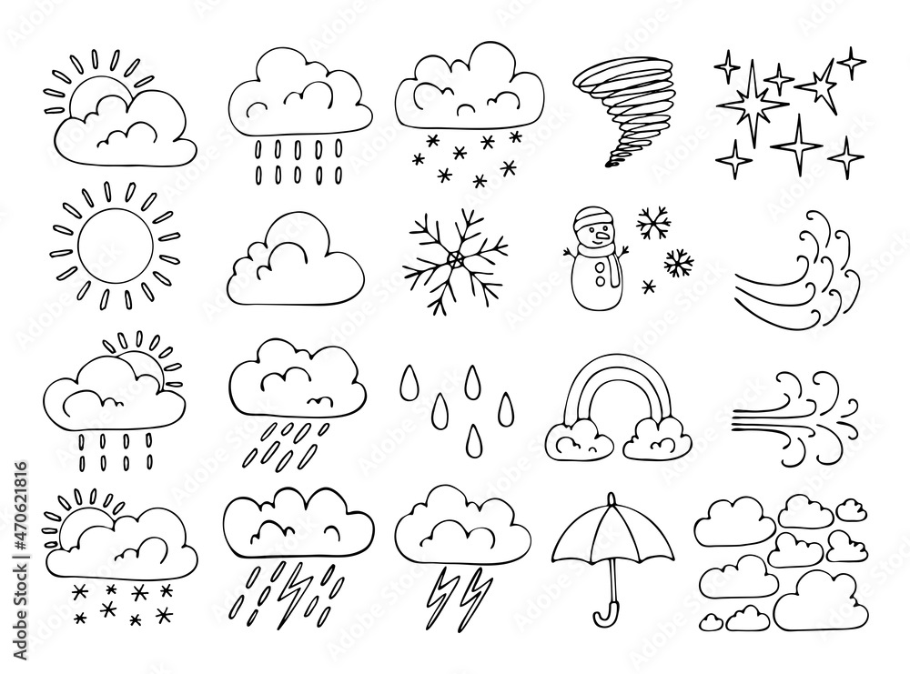 Fototapeta premium Thin line weather icons set. Hand drawn meteorological symbols of the forecast. Sun, cloud, thunderstorm, rain, snow, hurricane, clear, rainbow, wind, umbrella, fog. Vector doodle illustration.