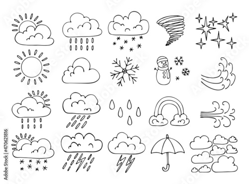 Thin line weather icons set. Hand drawn meteorological symbols of the forecast. Sun, cloud, thunderstorm, rain, snow, hurricane, clear, rainbow, wind, umbrella, fog. Vector doodle illustration.